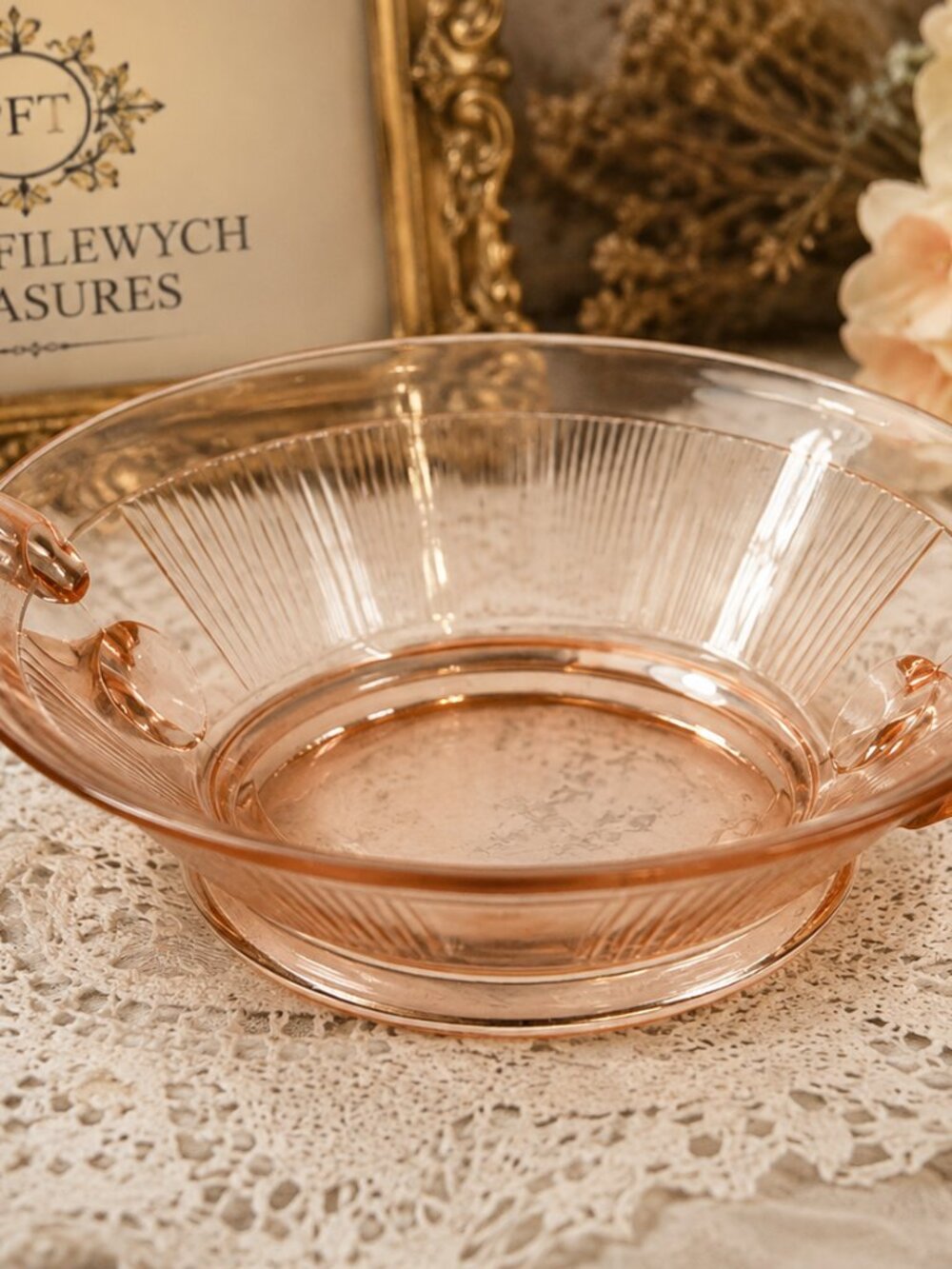 SD-60--Vintage Hocking Manhattan Pink Depression Glass Two Handle Ribbed Bowl